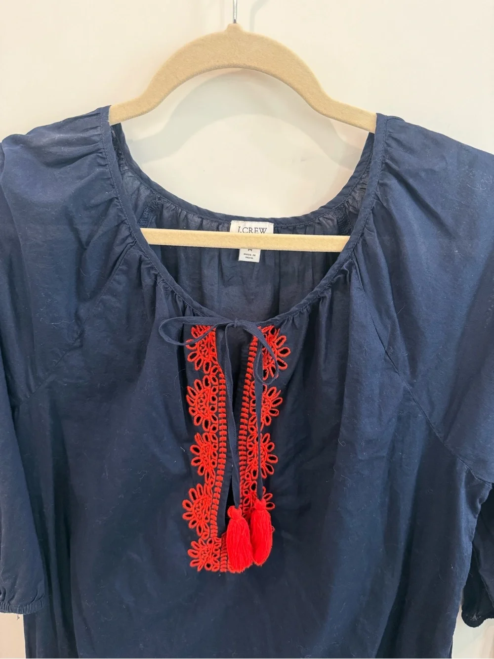 J. Crew Navy Maxi Dress with Red Embroidered Tassel Detail